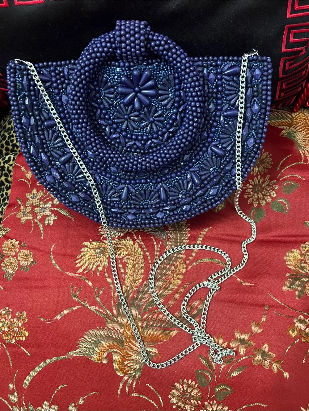 Handcrafted Beaded Half-Moon Tote Bag in Deep purple.